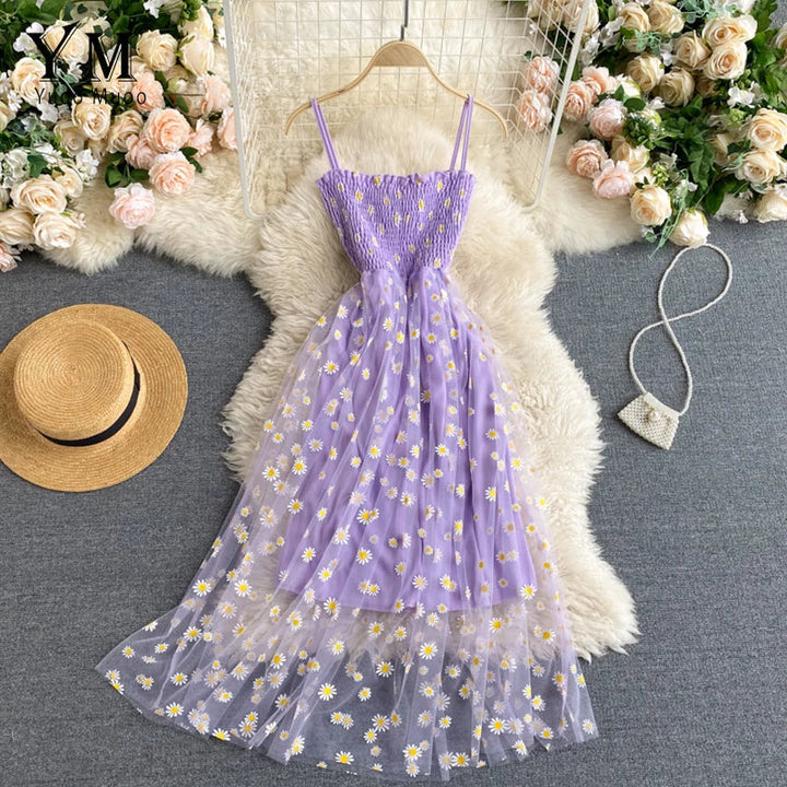 Elisa - Damen Sommerliches Mesh-Partykleid mit Gänseblümchen-Blumendruck und Spaghettiträger