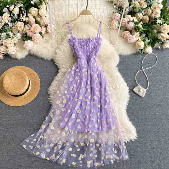 Elisa - Damen Sommerliches Mesh-Partykleid mit Gänseblümchen-Blumendruck und Spaghettiträger
