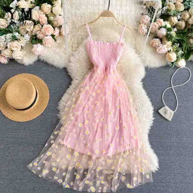 Elisa - Damen Sommerliches Mesh-Partykleid mit Gänseblümchen-Blumendruck und Spaghettiträger