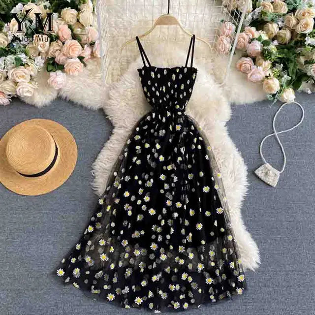Elisa - Damen Sommerliches Mesh-Partykleid mit Gänseblümchen-Blumendruck und Spaghettiträger